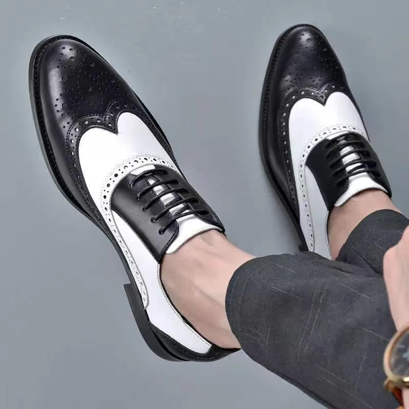 New Formal Shoes for Men Lace Up Brogue Embossed Wing tip PU Leather Two Tone Oxford Shoes Anti-Slip Rubber Sole Non Slip Block Heel Business