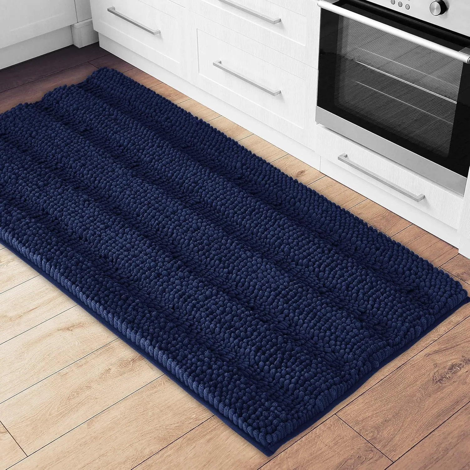 NICETOWN Navy Blue Bathroom Rugs, Pack 2-20 x 32/70 x 24, Ultra Thick and Soft Texture Chenille Plush Floor Mats Hand-Tufted Bath Rug with Non-Slip Backing, Microfiber Door Mat for Kitchen/Entryway
