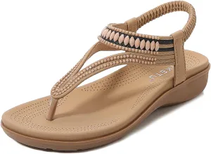 Orthopedic Sandals for Women Arch Support Sandals Women's Fashion Rhinestone Beaded Bohemian Sandal Ankle Strap Slip On Flip Flops Beach Comfortable Platform Shoes