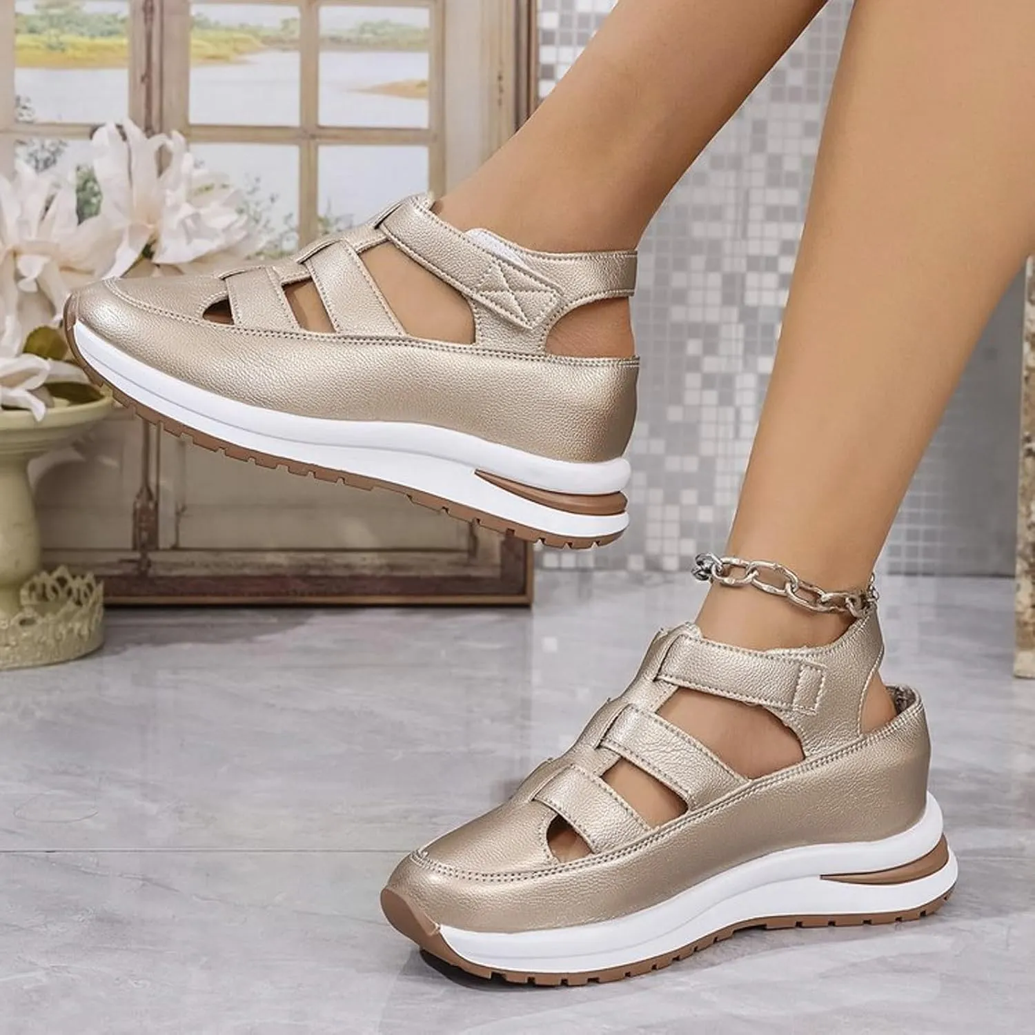 Orthopedic Shoes for Women 2025,Womens Summer Sandal Women's Closed Toe Hollow-Out Breathable Casual Sandals,Platform Shoes Outdoor Walking Sneakers for All Day Wear
