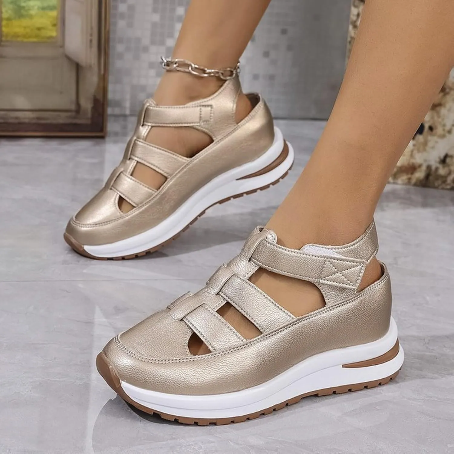Orthopedic Shoes for Women 2025,Womens Summer Sandal Women's Closed Toe Hollow-Out Breathable Casual Sandals,Platform Shoes Outdoor Walking Sneakers for All Day Wear