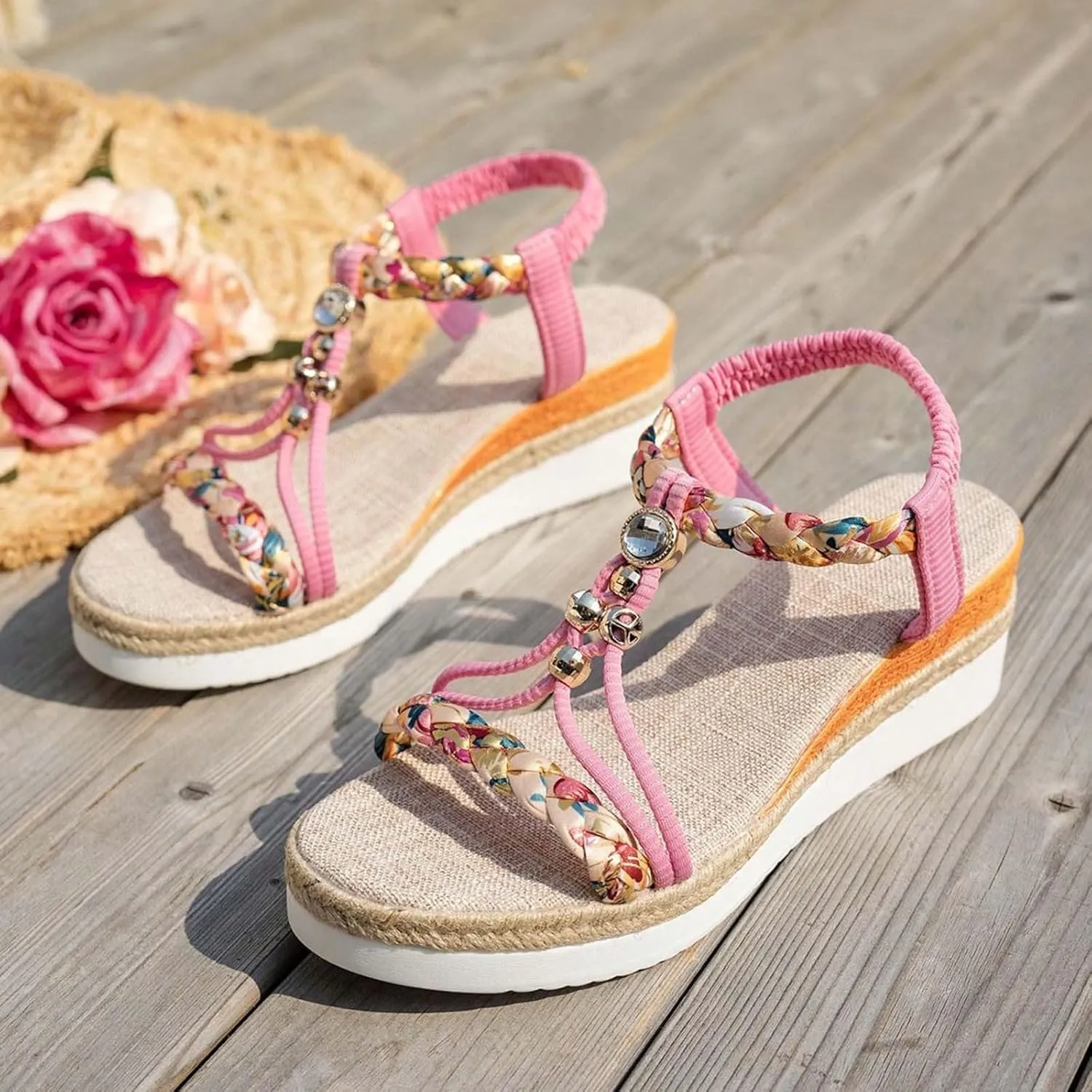 Orthopedic Wedge Sandals for Women 2025, Womens Summer Sandal Dressy Low Wedges Heels Shoes Wide Width Comfort Walking Non Slip Casual Beach Platform Sandals Ankle Elastic Bohemian Woven Shoes