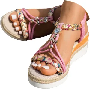 Orthopedic Wedge Sandals for Women 2025, Womens Summer Sandal Dressy Low Wedges Heels Shoes Wide Width Comfort Walking Non Slip Casual Beach Platform Sandals Ankle Elastic Bohemian Woven Shoes