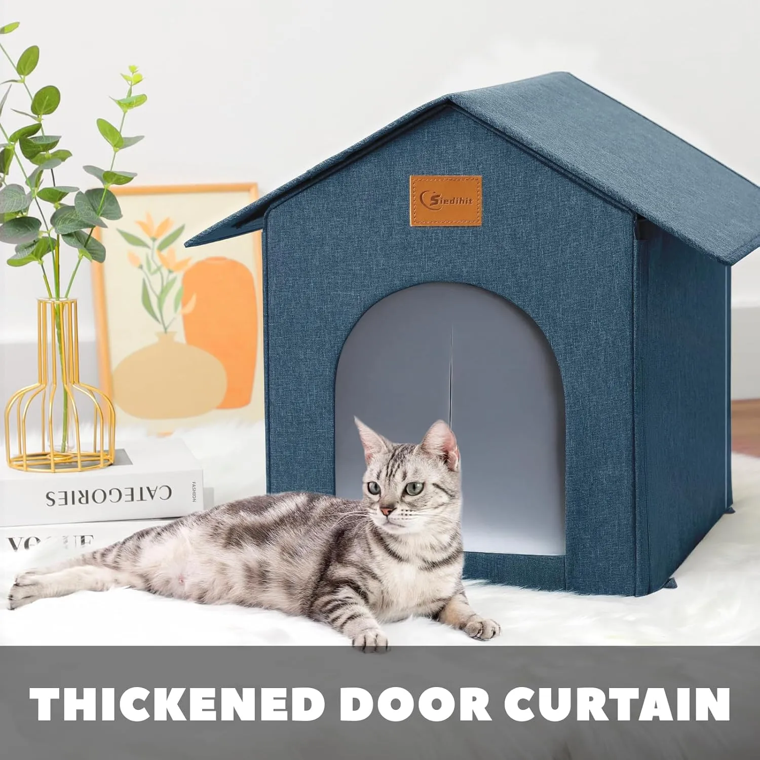 Outdoor Cat House Feral Cat Shelter,Outside Waterproof Cat House for Outdoor/Indoor Cats, Insulated Cat Bed for All Seasons with Cozy Cushion Easy to Assemble (Navy Blue, Floor Spike Style)