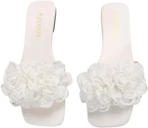 OYOANGLE Women's 3D Floral Flat Sandals Square Open Toe PU Leather Slip on Slides