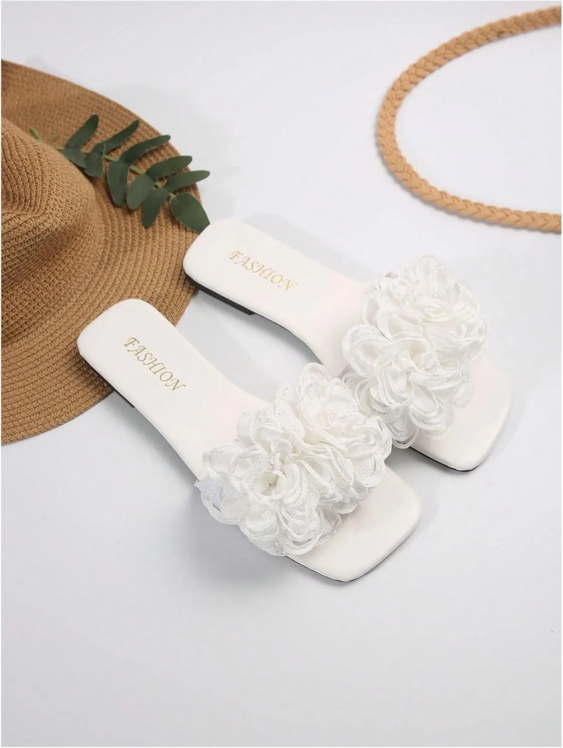 OYOANGLE Women's 3D Floral Flat Sandals Square Open Toe PU Leather Slip on Slides