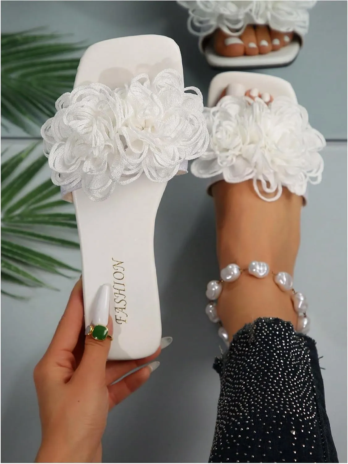 OYOANGLE Women's 3D Floral Flat Sandals Square Open Toe PU Leather Slip on Slides