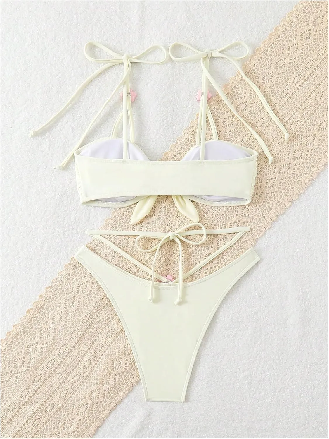 OYOANGLE Women's Bikini Set Tie Shoulder 3D Flower Knot Front Cut Out Cute 2 Piece Swimsuit
