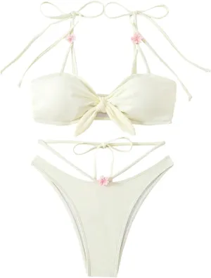OYOANGLE Women's Bikini Set Tie Shoulder 3D Flower Knot Front Cut Out Cute 2 Piece Swimsuit