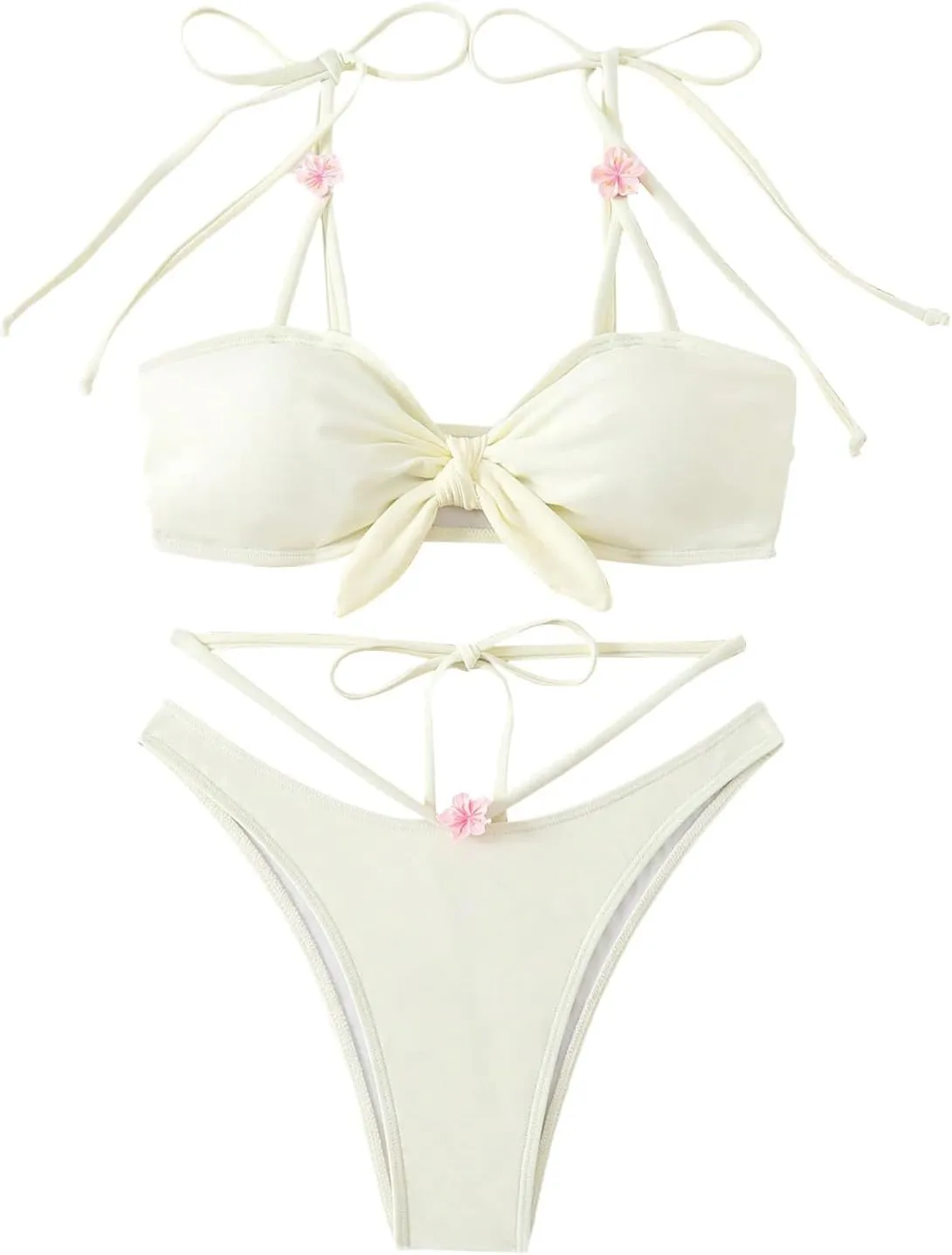OYOANGLE Women's Bikini Set Tie Shoulder 3D Flower Knot Front Cut Out Cute 2 Piece Swimsuit