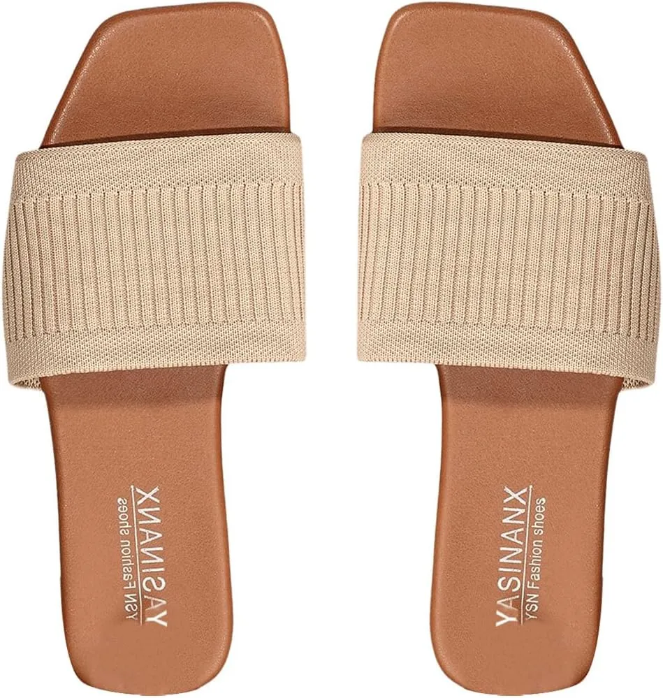 OYOANGLE Women's Flat Sandals Square Open Toe Slippers Dressy Summer Outdoor Slip On