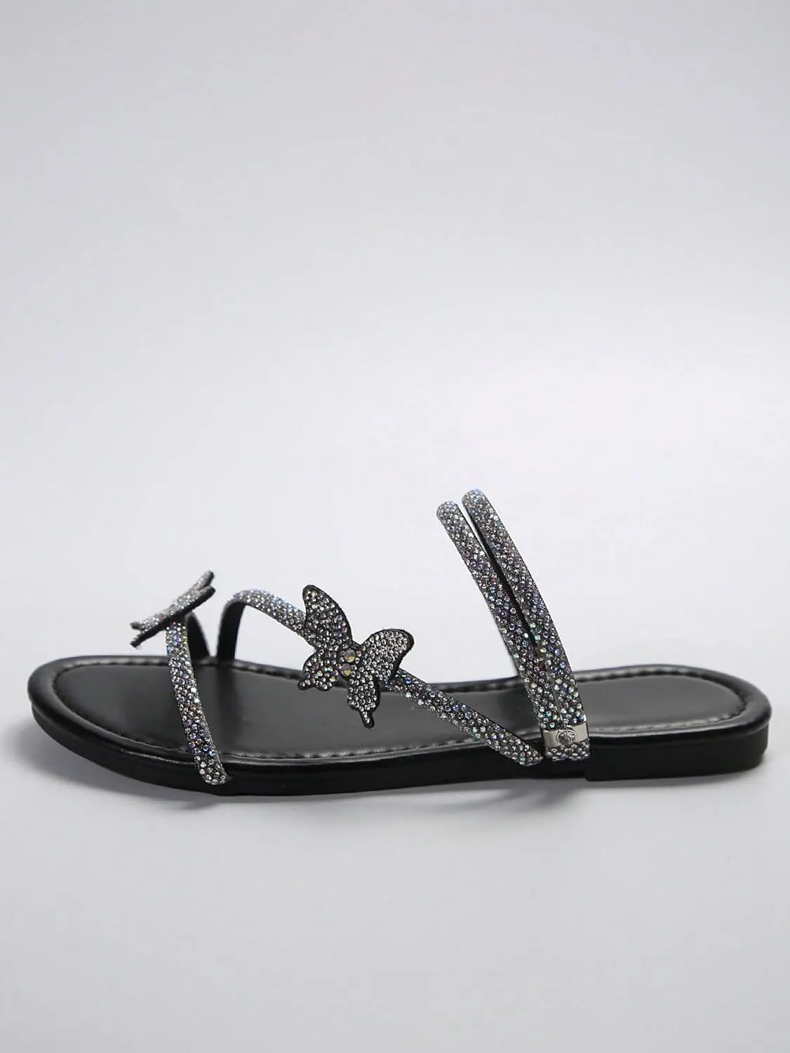 OYOANGLE Women's Rhinestone Decor Strappy Flat Sandals Glitter Thin Straps Open Toe Slip on Dressy Slides