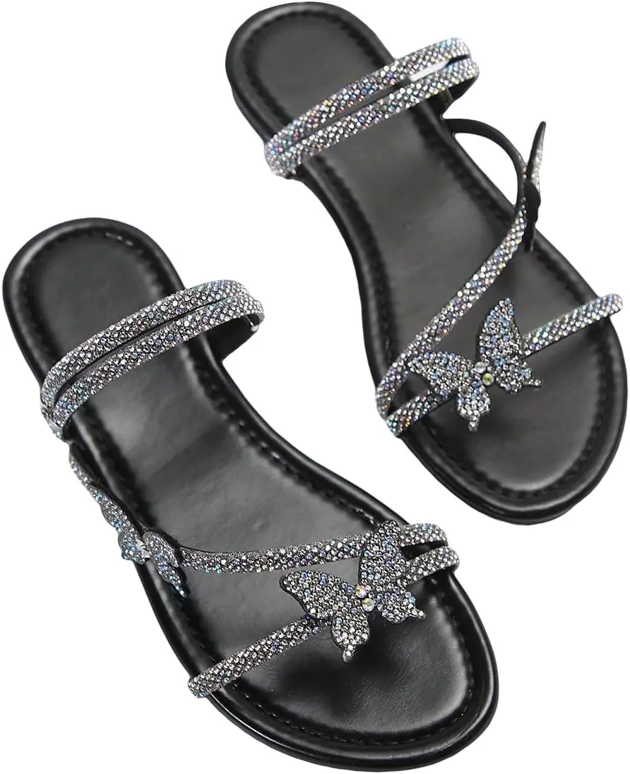 OYOANGLE Women's Rhinestone Decor Strappy Flat Sandals Glitter Thin Straps Open Toe Slip on Dressy Slides