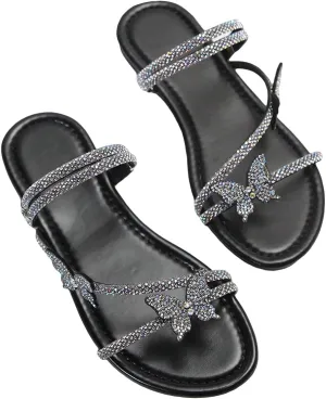 OYOANGLE Women's Rhinestone Decor Strappy Flat Sandals Glitter Thin Straps Open Toe Slip on Dressy Slides