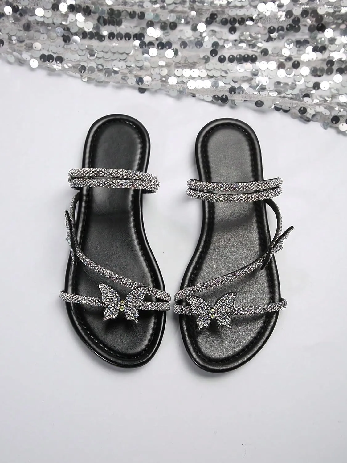 OYOANGLE Women's Rhinestone Decor Strappy Flat Sandals Glitter Thin Straps Open Toe Slip on Dressy Slides