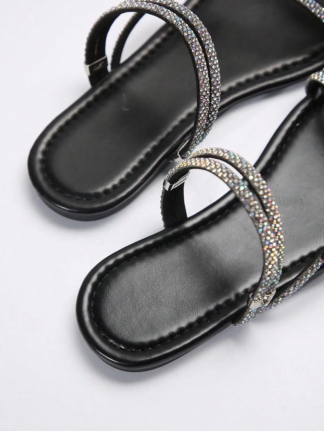 OYOANGLE Women's Rhinestone Decor Strappy Flat Sandals Glitter Thin Straps Open Toe Slip on Dressy Slides