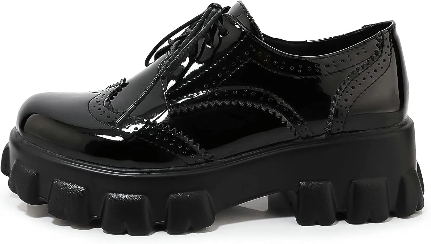 Parisuit Womens Lace Up Wingtip Chunky Oxford Shoes Patent Leather Platform Brogue Pumps