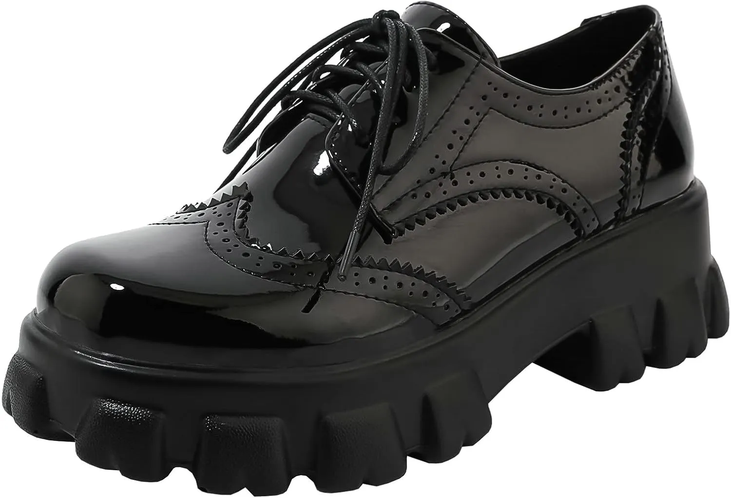 Parisuit Womens Lace Up Wingtip Chunky Oxford Shoes Patent Leather Platform Brogue Pumps