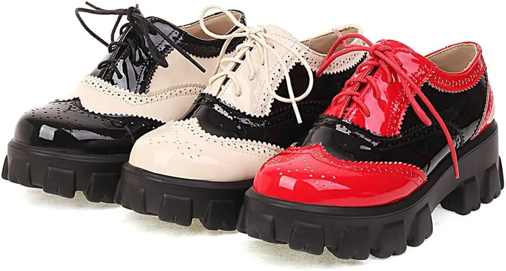 Parisuit Womens Lace Up Wingtip Chunky Oxford Shoes Patent Leather Platform Brogue Pumps