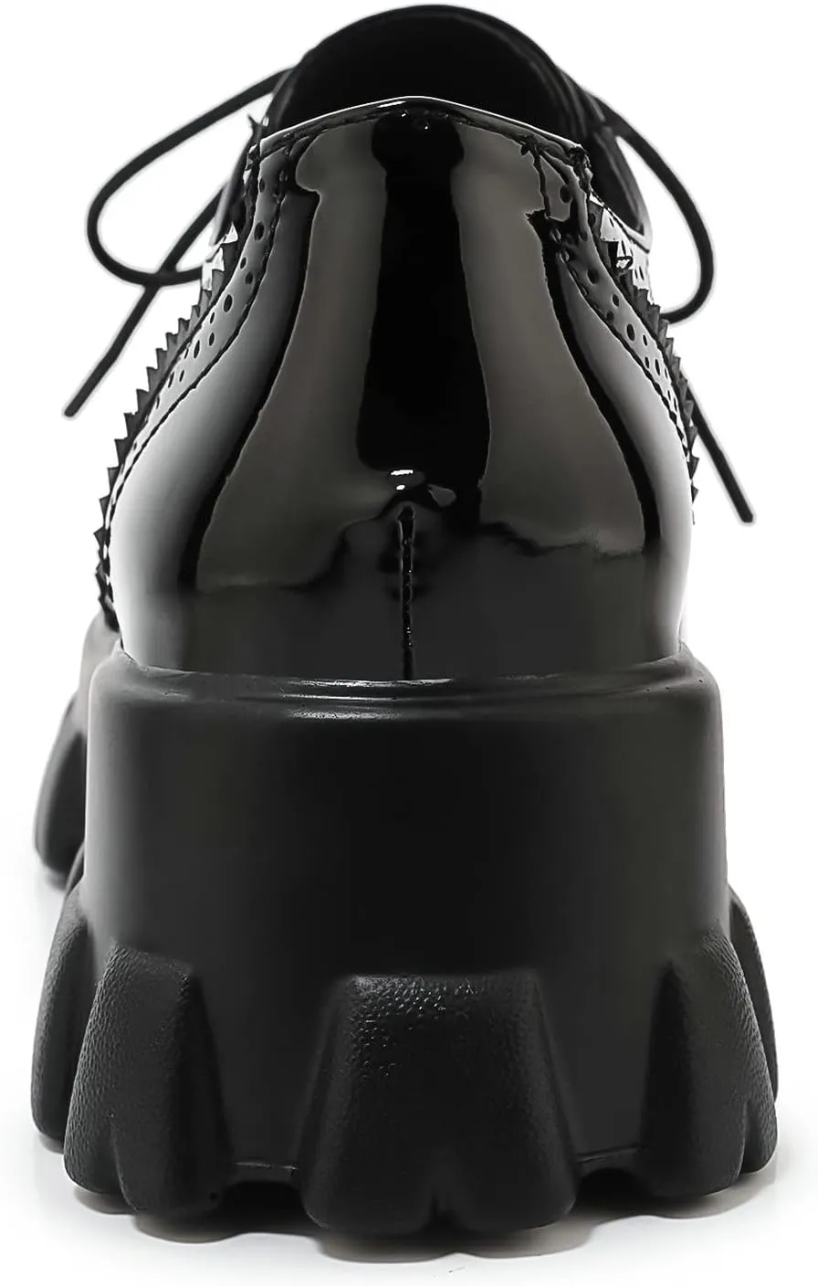 Parisuit Womens Lace Up Wingtip Chunky Oxford Shoes Patent Leather Platform Brogue Pumps