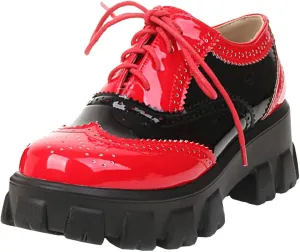Parisuit Womens Lace Up Wingtip Chunky Oxford Shoes Patent Leather Platform Brogue Pumps