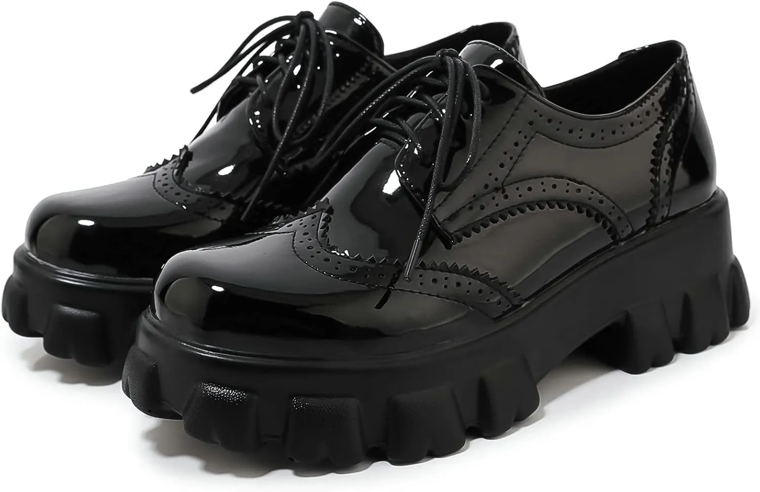 Parisuit Womens Lace Up Wingtip Chunky Oxford Shoes Patent Leather Platform Brogue Pumps