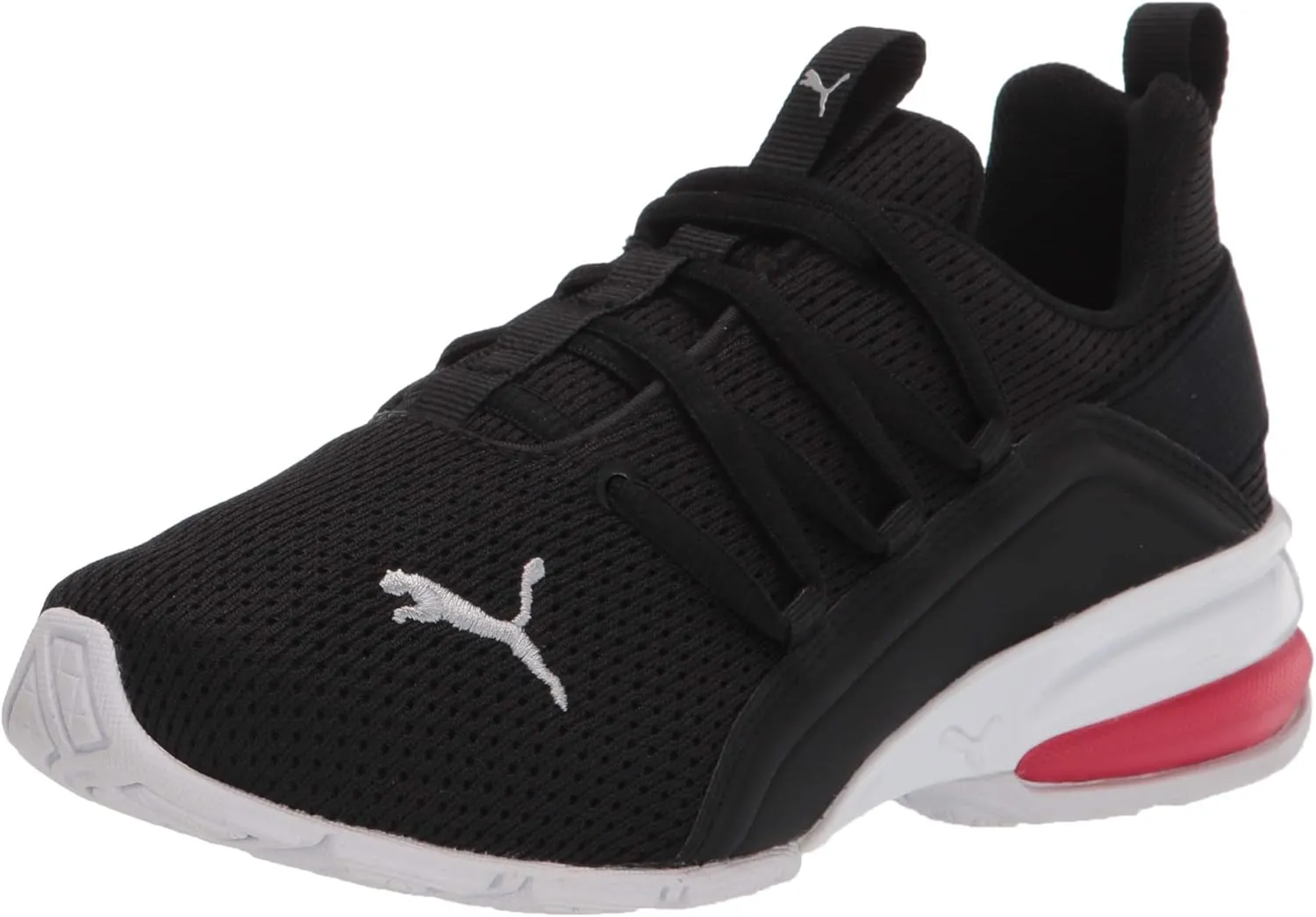 PUMA Unisex-Child Axelion Mesh Sneaker, 12.5Little Kid, Black Silver-High Risk Red