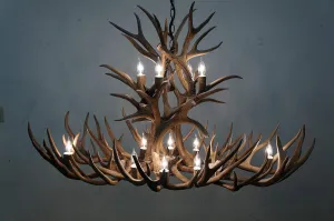 Real antler chandelier shed mule deer oval shape with extra uprights and two tier cascade lighting 12 lights with real elk socket covers
