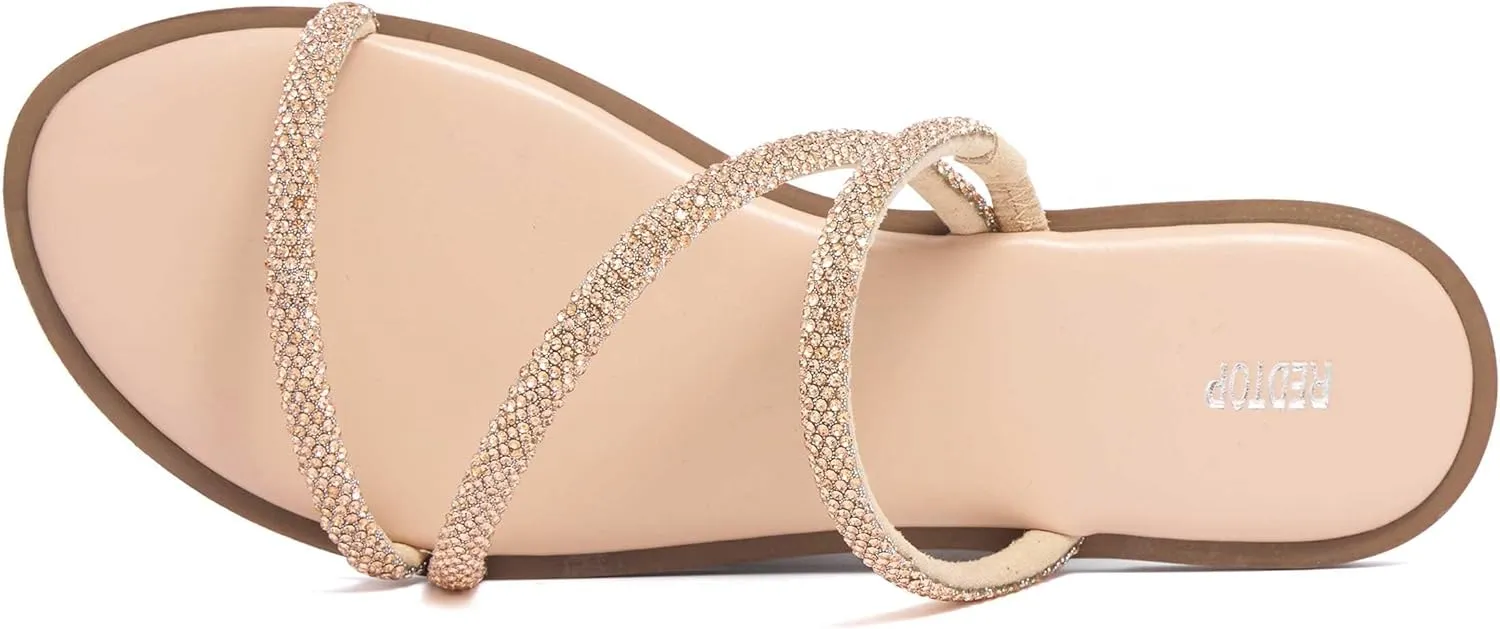 REDTOP Women's Rhinestone Flat Sandals Slip on Open Toe Memory Foam Sandals Slide Sandals for Women