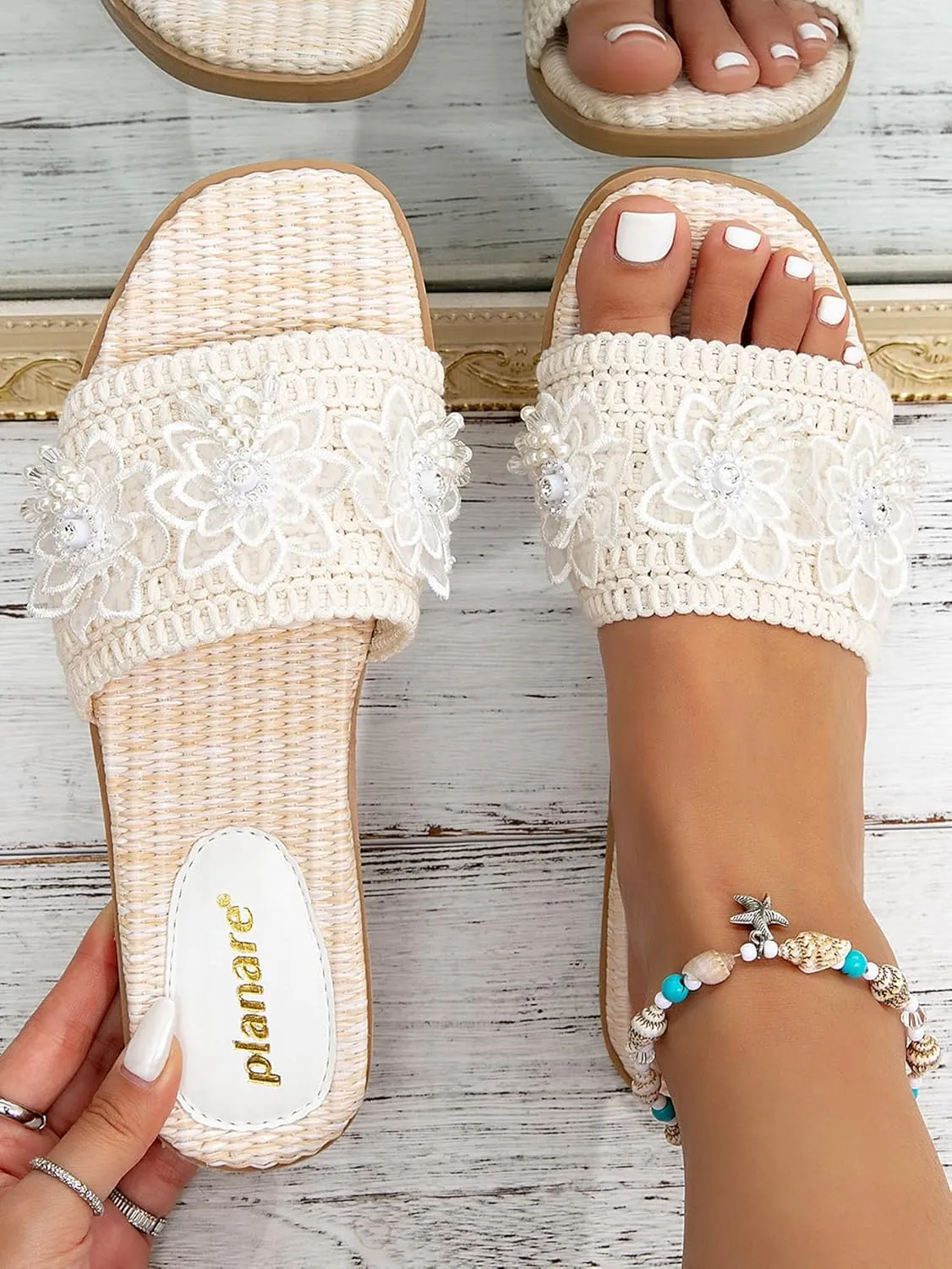 Romantic Woven Mules for Women – Pearl-Embroidered Lace Flower Straps with Gold Lettering, Comfortable Flat Sandals for Vacation, Shopping & Summer Outings