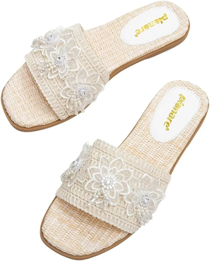 Romantic Woven Mules for Women – Pearl-Embroidered Lace Flower Straps with Gold Lettering, Comfortable Flat Sandals for Vacation, Shopping & Summer Outings