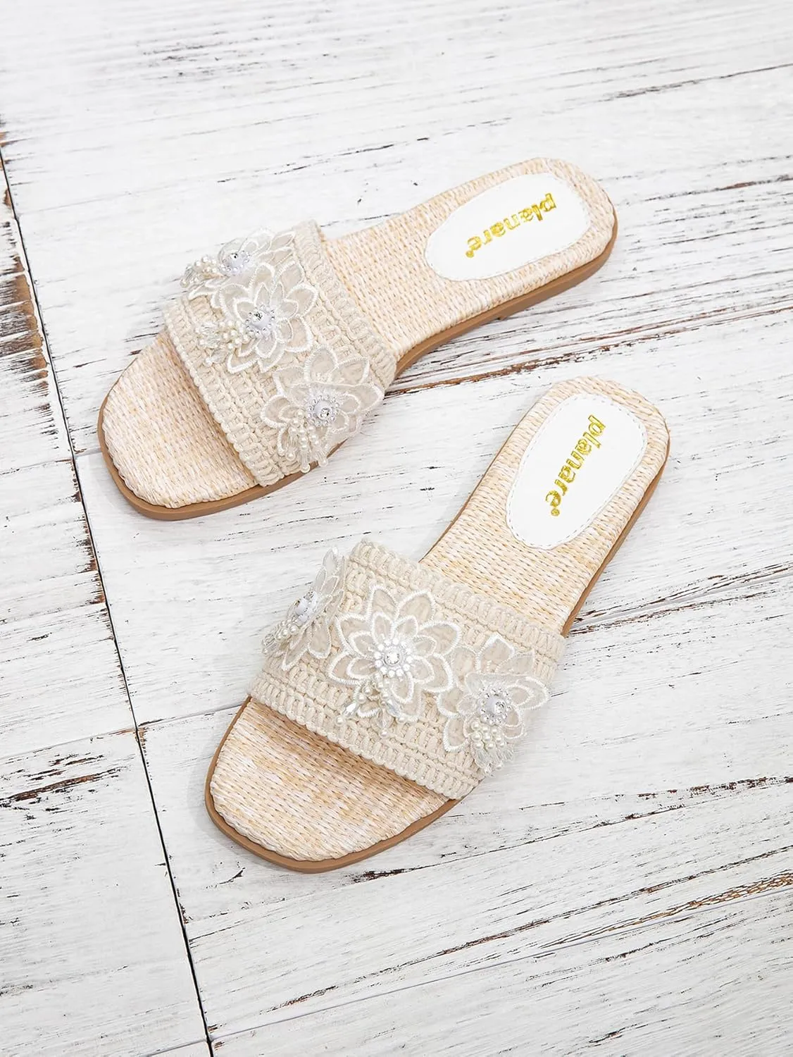 Romantic Woven Mules for Women – Pearl-Embroidered Lace Flower Straps with Gold Lettering, Comfortable Flat Sandals for Vacation, Shopping & Summer Outings