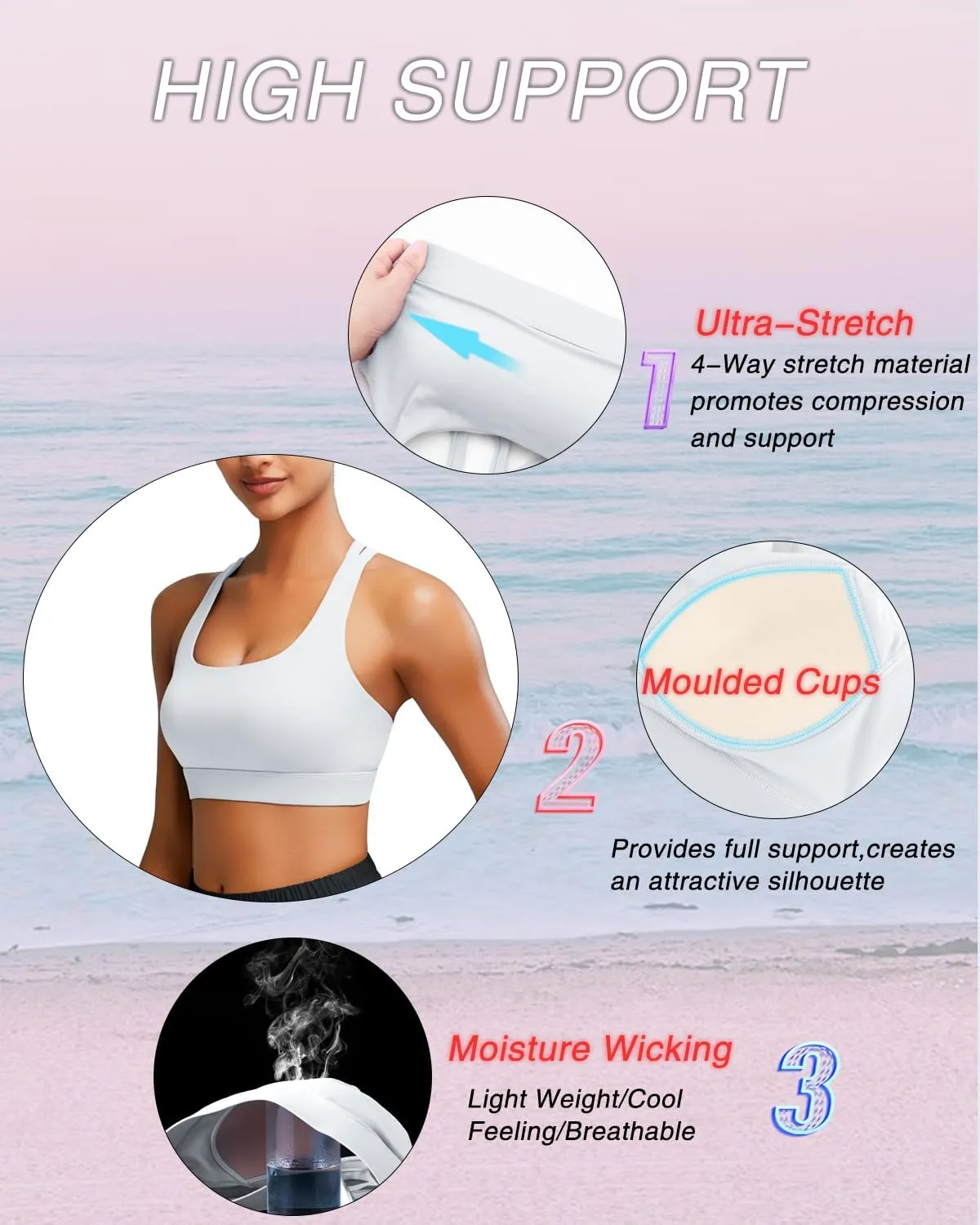 RUNNING GIRL High Impact Sports Bras for Women - Scoop Neck Strappy Sports Bra High Support Moulded Cup Workout Bra