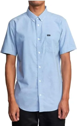 RVCA Men's Thatll Do Stretch Short Sleeve Woven Button Front Shirt, Oxford Blue S125