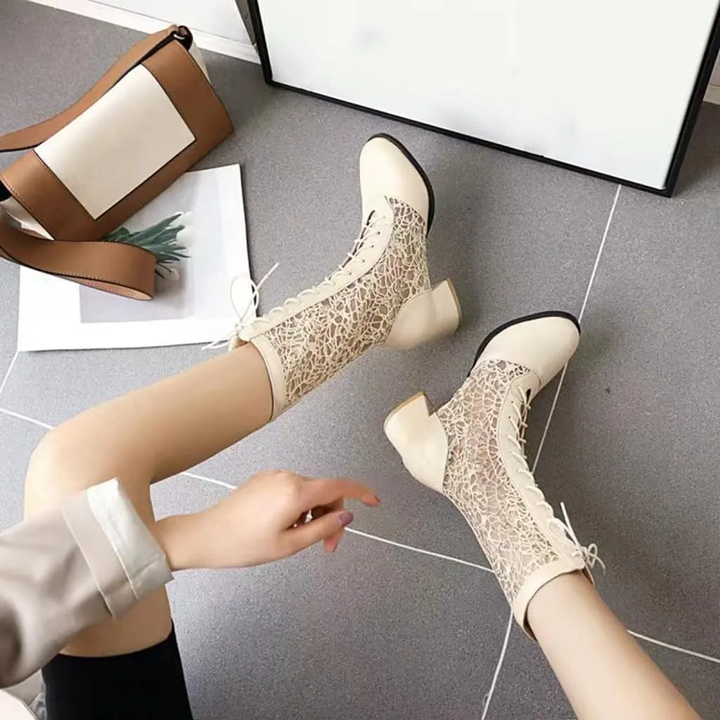 SACFOF Women Vintage Victorian Boots Lace Goth Lace Up Wedding Boots Mid Calf Costume Renaissance Mid Heel Dress Boots
