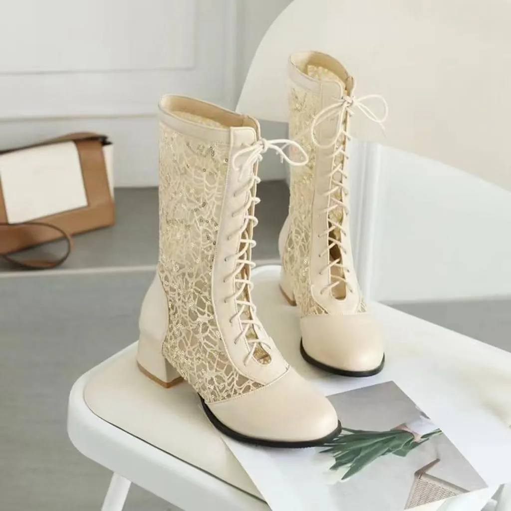 SACFOF Women Vintage Victorian Boots Lace Goth Lace Up Wedding Boots Mid Calf Costume Renaissance Mid Heel Dress Boots