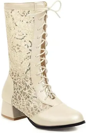 SACFOF Women Vintage Victorian Boots Lace Goth Lace Up Wedding Boots Mid Calf Costume Renaissance Mid Heel Dress Boots