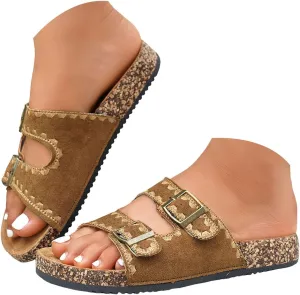 Sandals For Women 2025 Dressy 2 Buckle Flat Sandal Suede Cork Footbed Slip On Platform Slippers With Arch Support