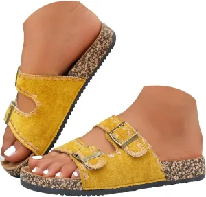 Sandals For Women 2025 Dressy 2 Buckle Flat Sandal Suede Cork Footbed Slip On Platform Slippers With Arch Support