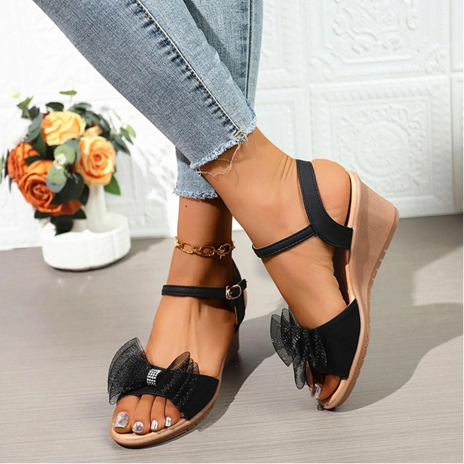 Sandals For Women 2025 Dressy Strappy High Heel Sandals Summer Trendy Bow Peep Toe Platform Platform Wedges Slides