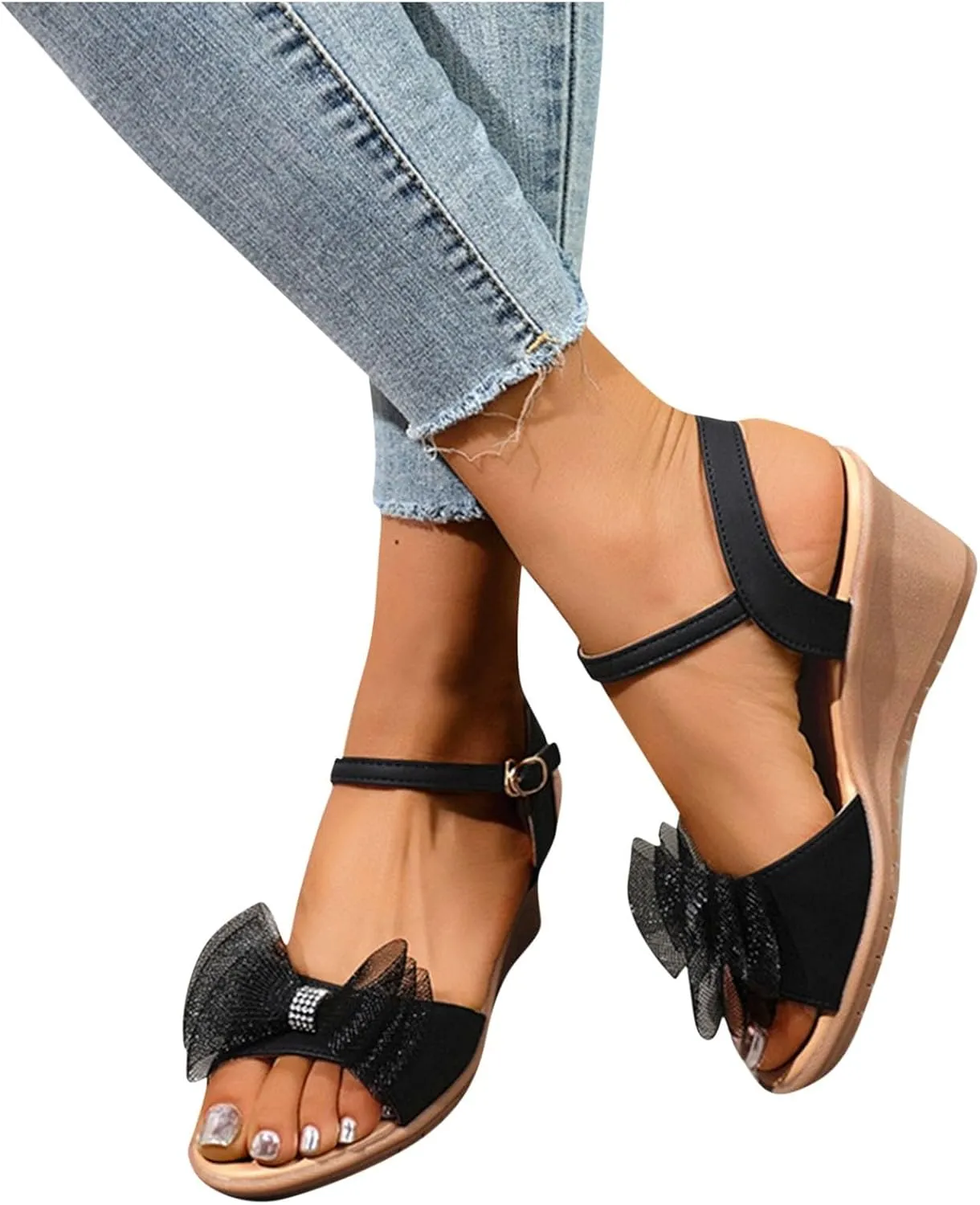 Sandals For Women 2025 Dressy Strappy High Heel Sandals Summer Trendy Bow Peep Toe Platform Platform Wedges Slides