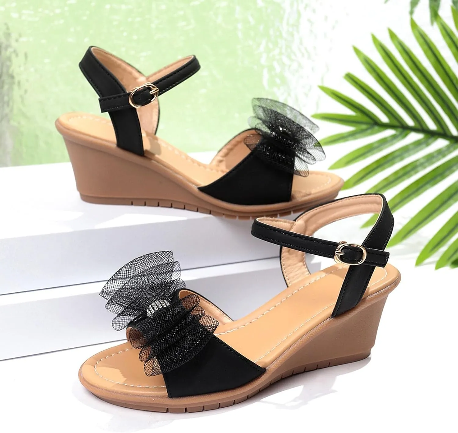 Sandals For Women 2025 Dressy Strappy High Heel Sandals Summer Trendy Bow Peep Toe Platform Platform Wedges Slides