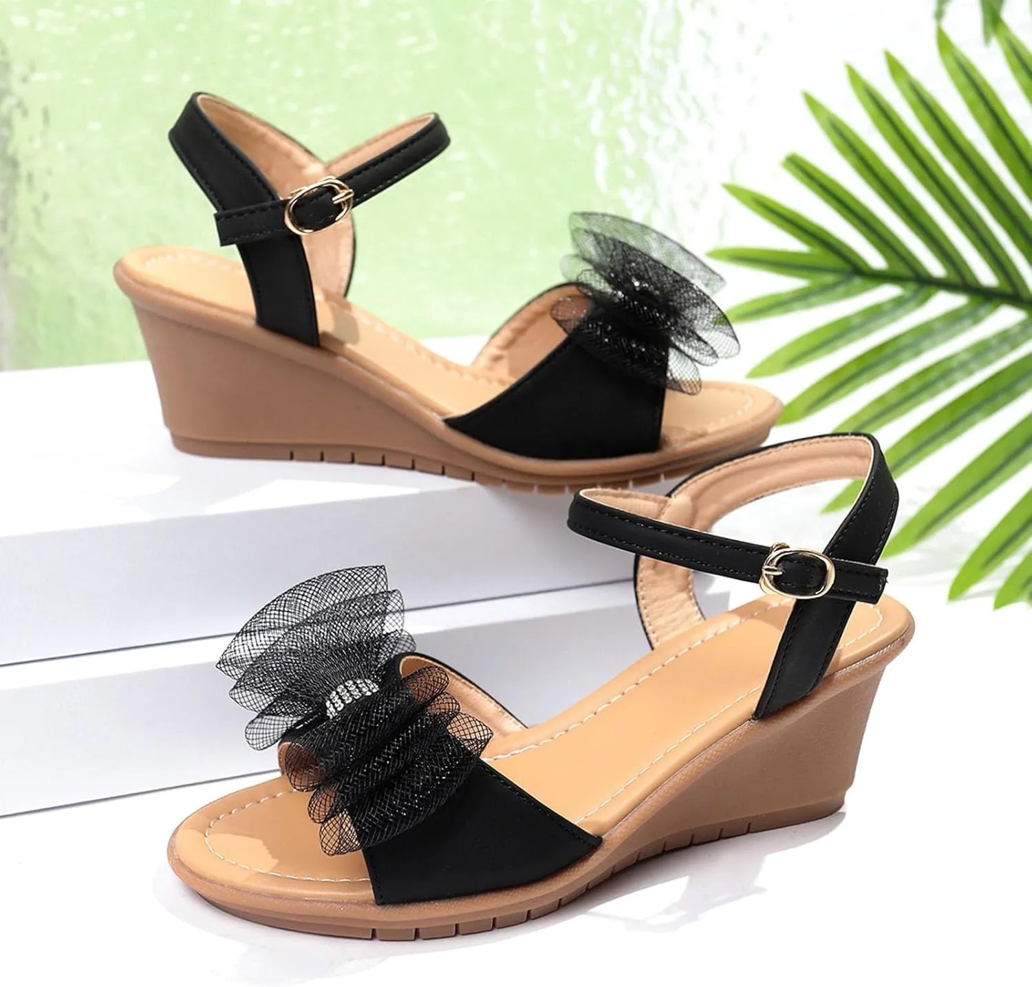 Sandals For Women 2025 Dressy Strappy High Heel Sandals Summer Trendy Bow Peep Toe Platform Platform Wedges Slides