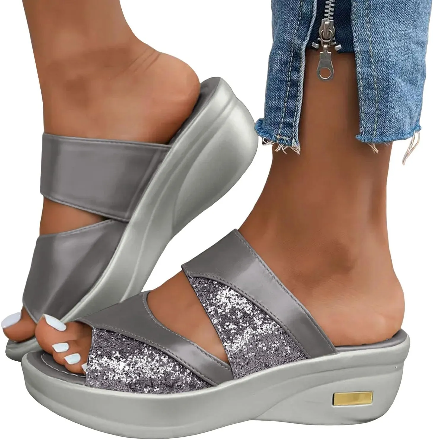 Sandals for Women 2025 Wide Width Two Bands Wedge Slippers Soft Cushion Comfortable Walking Slip on Women Shoes
