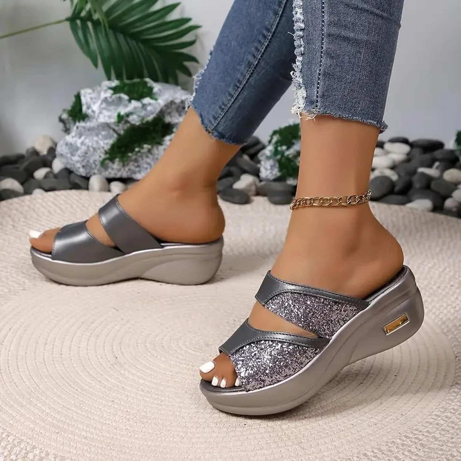 Sandals for Women 2025 Wide Width Two Bands Wedge Slippers Soft Cushion Comfortable Walking Slip on Women Shoes