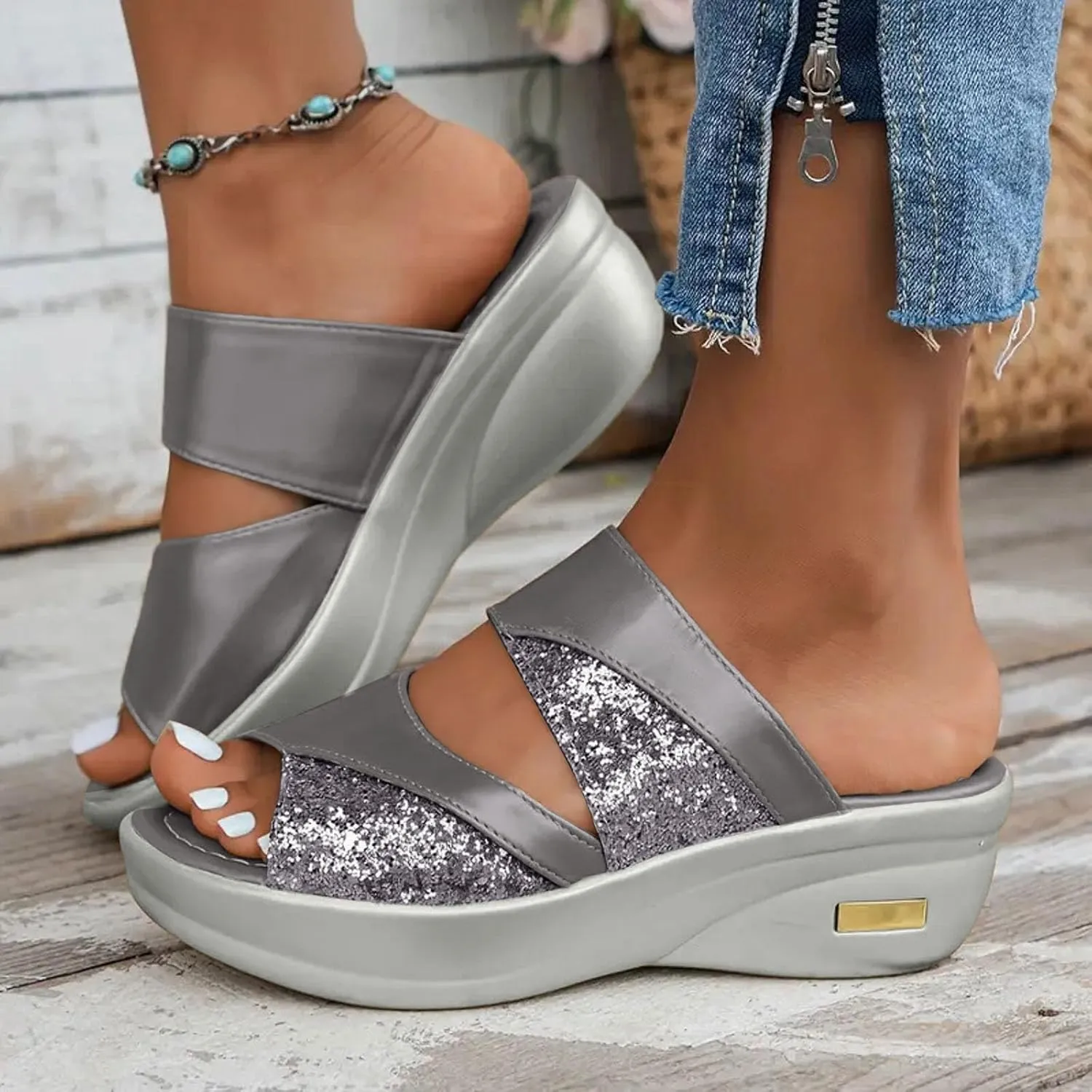 Sandals for Women 2025 Wide Width Two Bands Wedge Slippers Soft Cushion Comfortable Walking Slip on Women Shoes