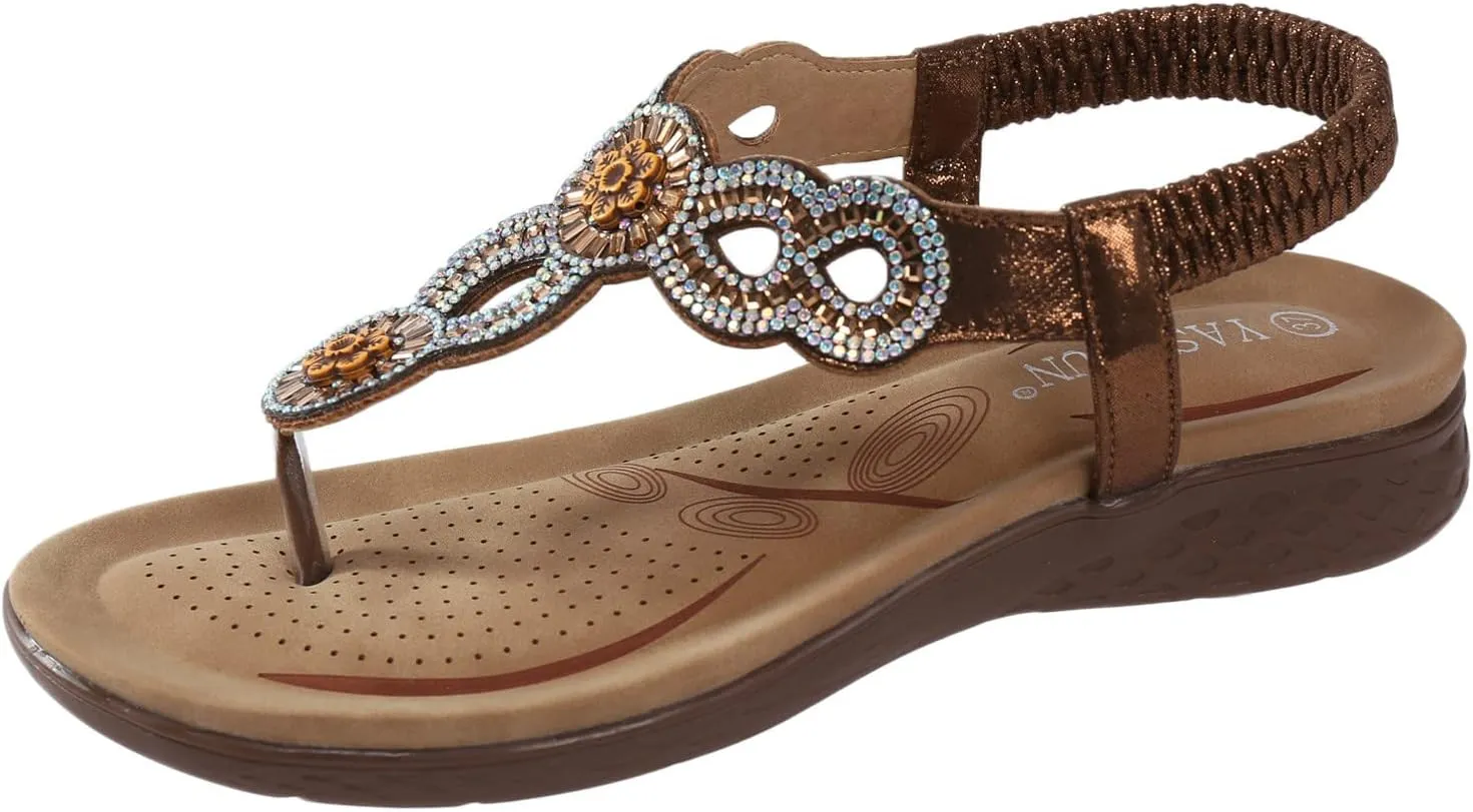 Sandals for Women Dressy Summer Beach Sandals Rhinestone Bohemian Sandals Ankle Strap Elastic T-Strap Dress Shoes