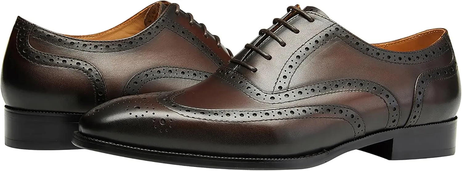 Santimon Mens Dress Shoes Leather Oxfords Wingtip Brogue Tuxedo Business Casual Wedding Shoes for Men