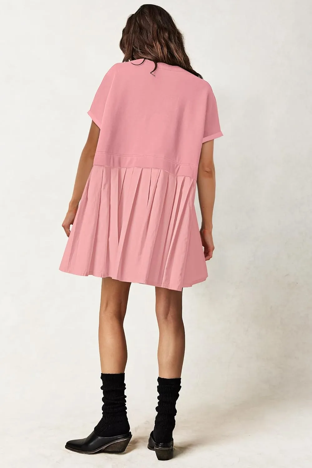 SAUKOLE Womens Summer Crew Neck Short Sleeve Dress Patchwork Pleated A Line Beach Boho Mini Dress