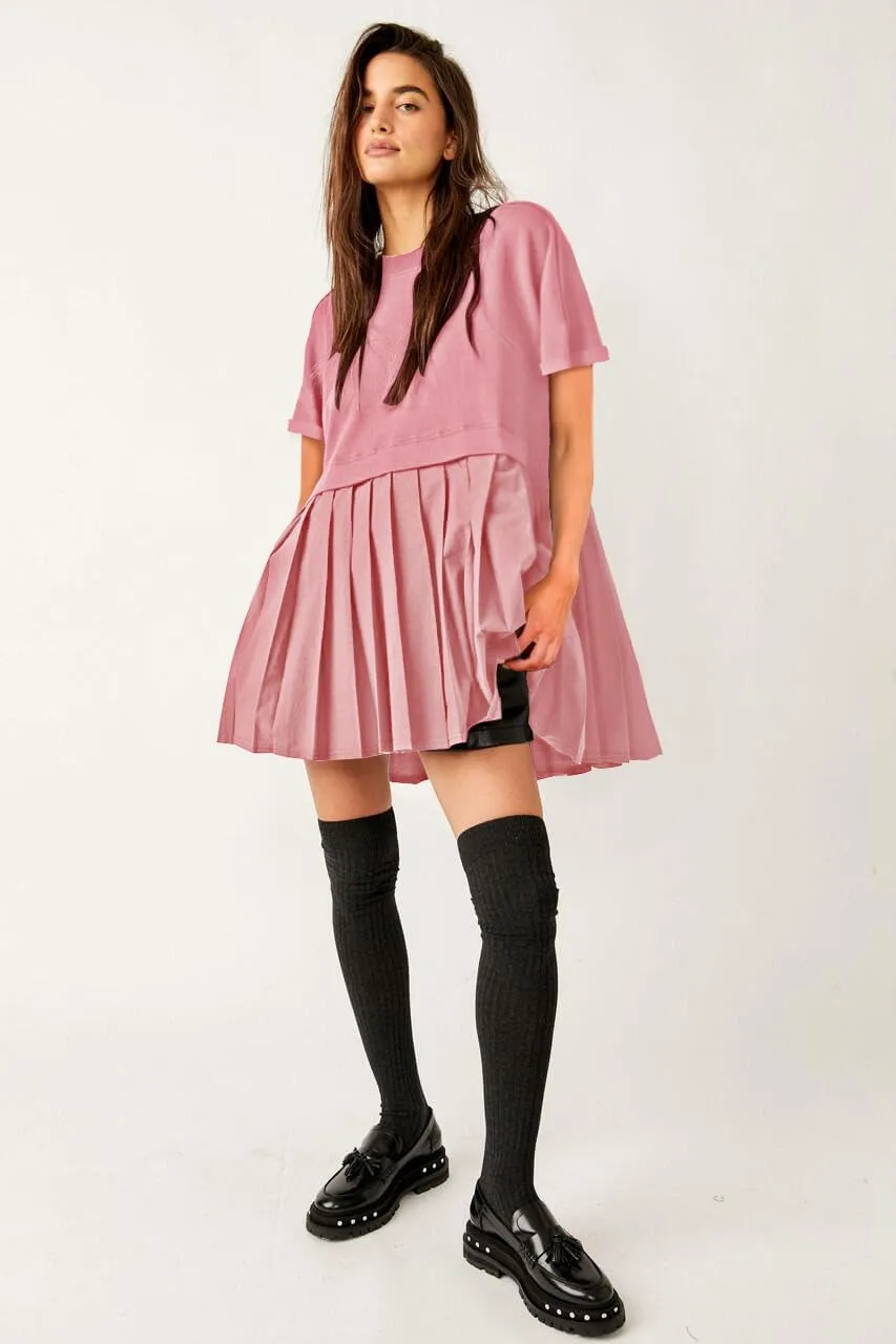 SAUKOLE Womens Summer Crew Neck Short Sleeve Dress Patchwork Pleated A Line Beach Boho Mini Dress